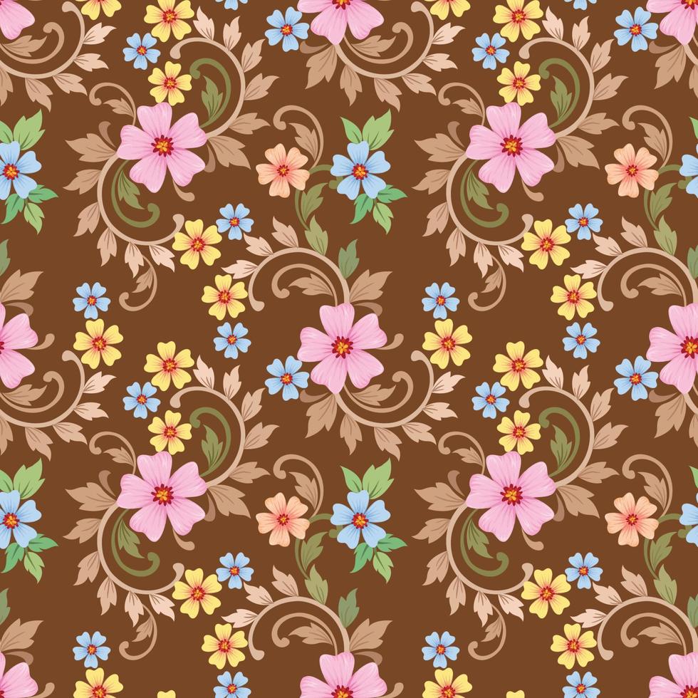 Flowers seamless pattern on brown color background. vector