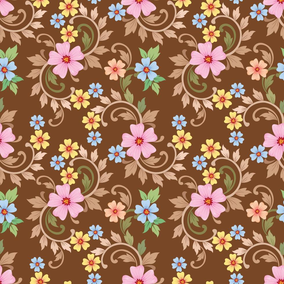 Flowers seamless pattern on brown color background. vector