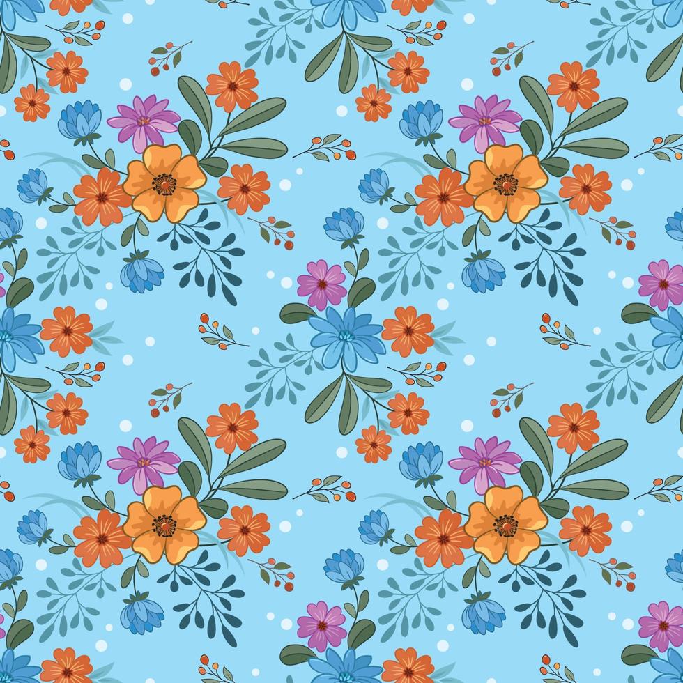 Blooming colorful flowers on blue color seamless pattern. vector