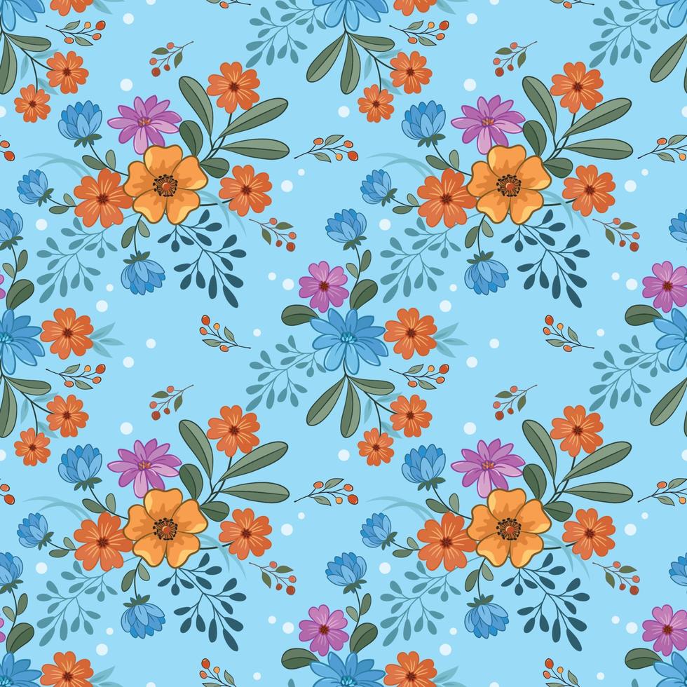 floreciente vistoso flores en azul color sin costura modelo. vector