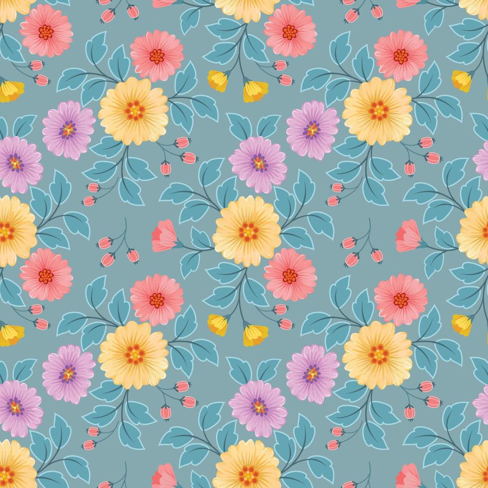 Blooming colorful flowers in seamless pattern. vector