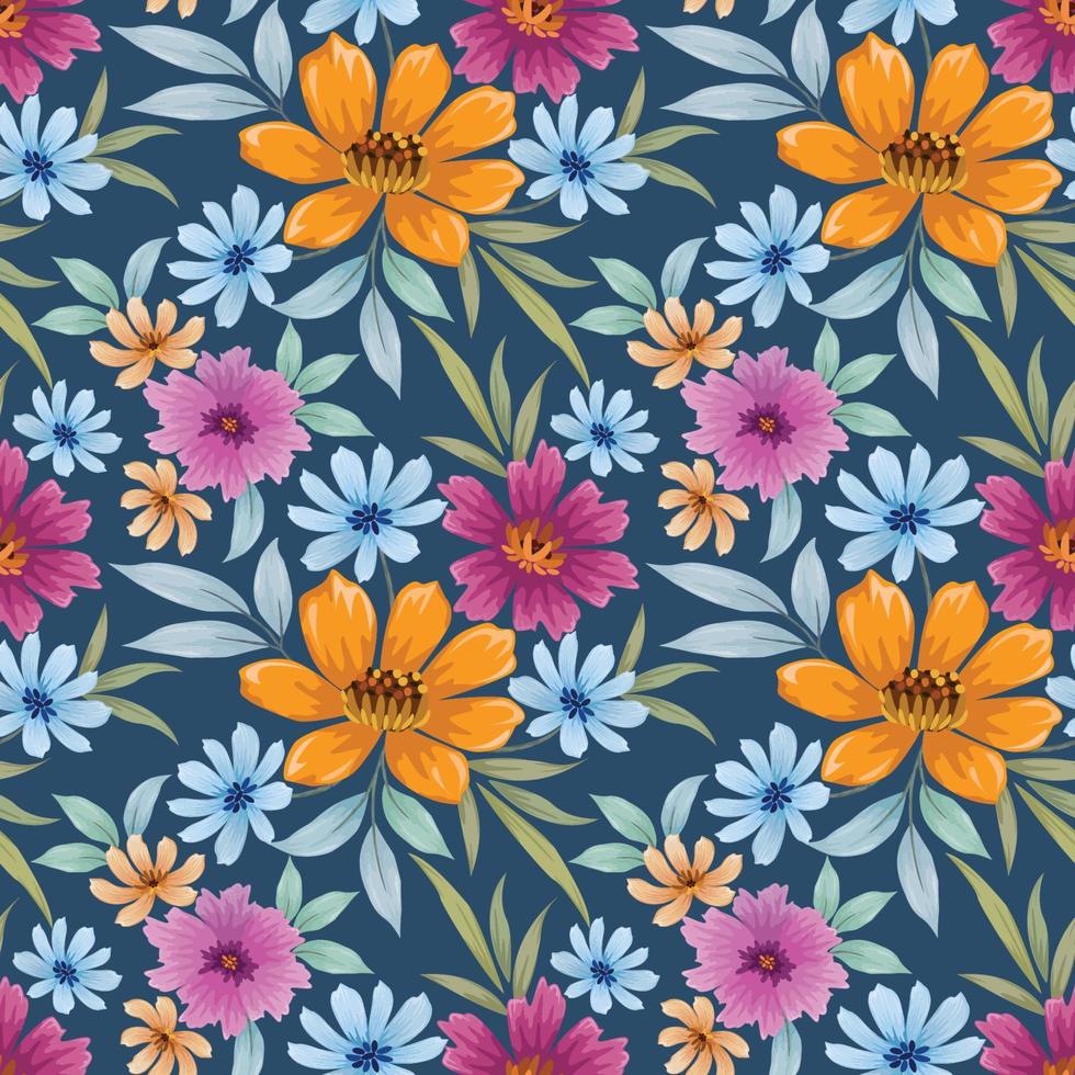 Blooming colorful flowers in seamless pattern. vector