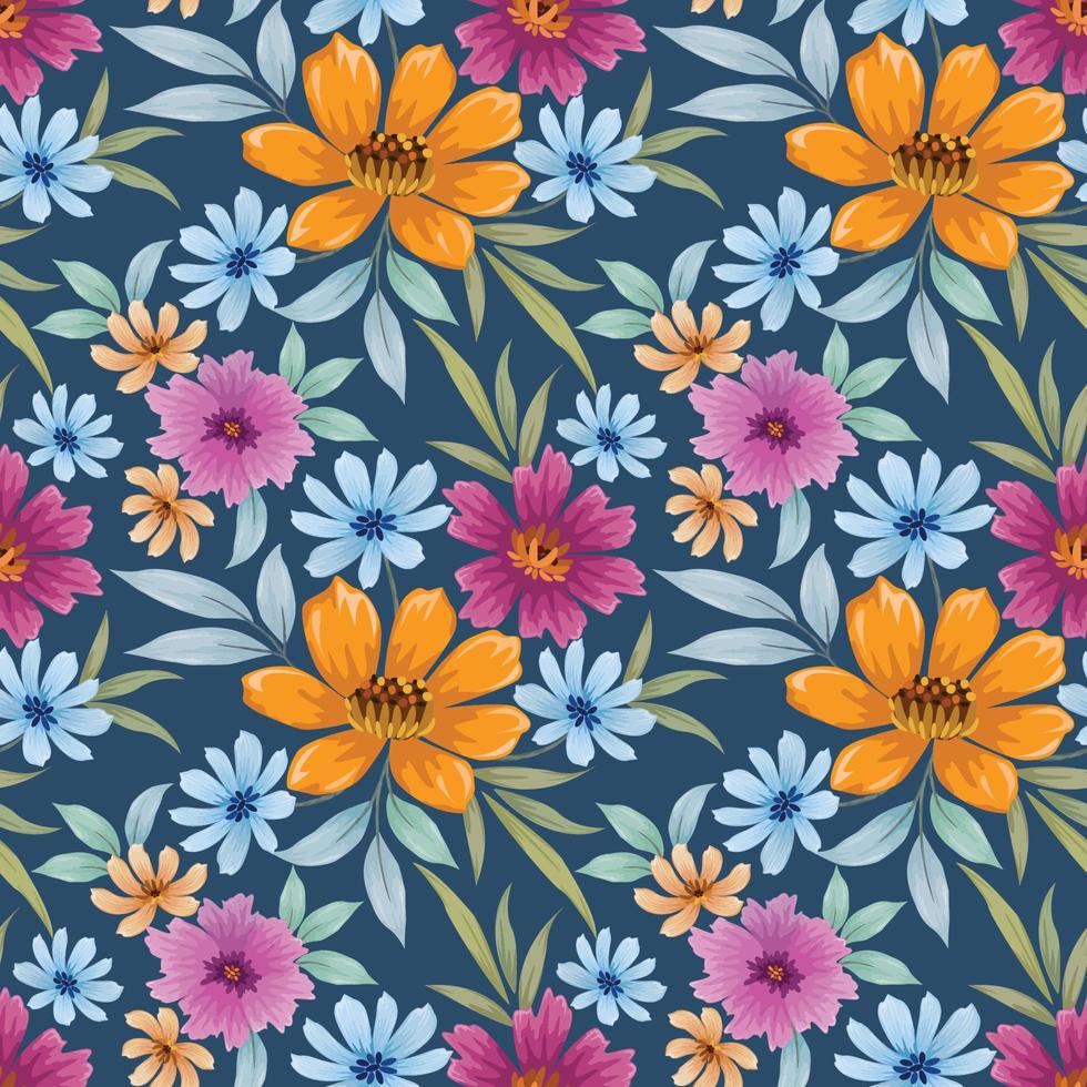 Blooming colorful flowers in seamless pattern. vector