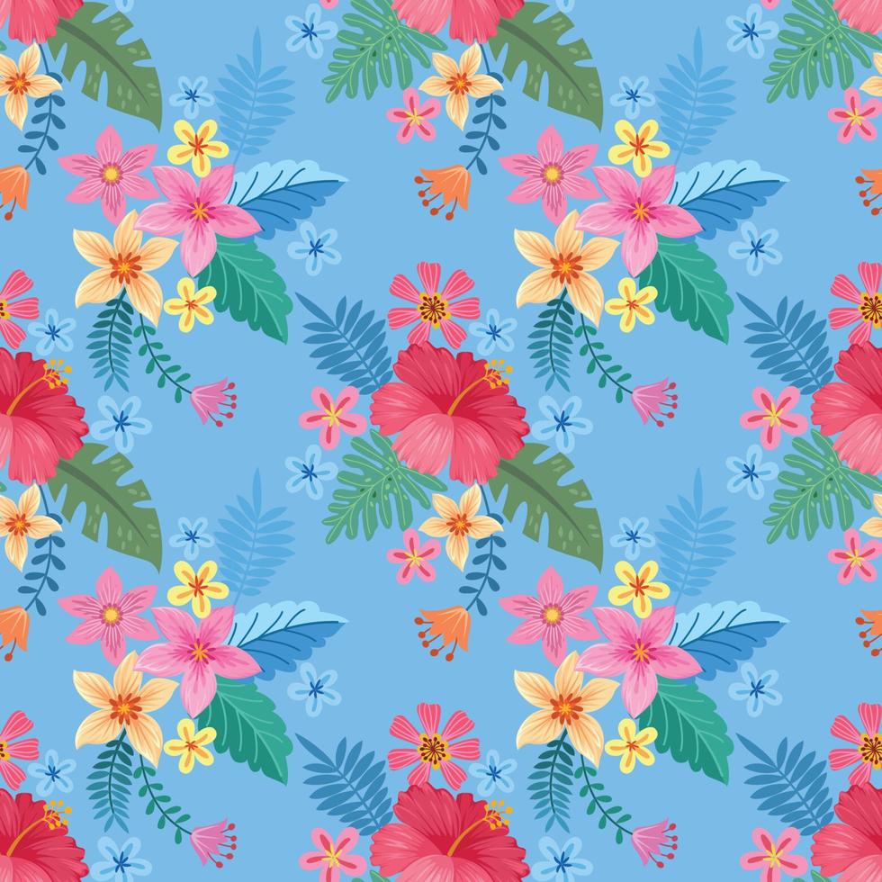 Blooming colorful flowers on blue color seamless pattern. vector
