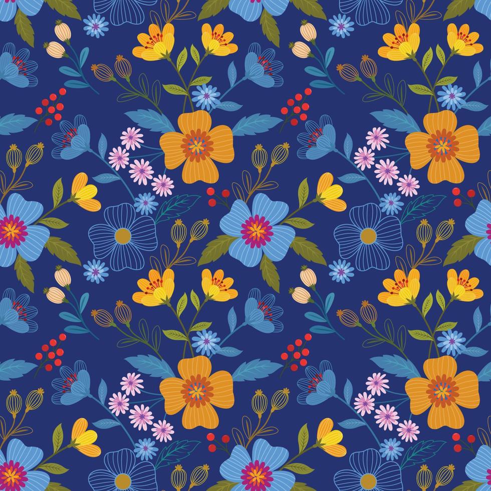 Blooming colorful flowers on navy in seamless pattern. vector