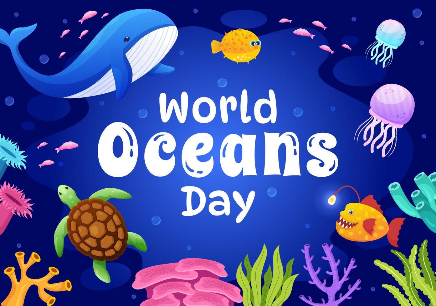 World Oceans Day Illustration to Help Protect and Conserve Ocean, fish, Ecosystem or Sea Plants in Flat Cartoon Hand Drawn for Landing Page Templates vector