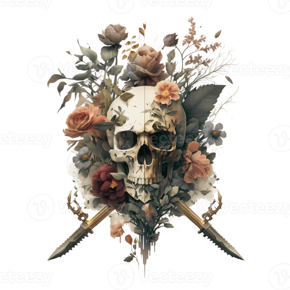 Human Skull, Sword, Flowers, Botanical, PNG Illustration,