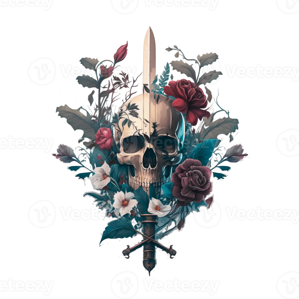 Human Skull, Sword, Flowers, Botanical, PNG Illustration,