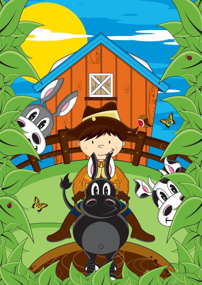 Cartoon Farmer on Horse with Farm Animals in Barn Illustration vector