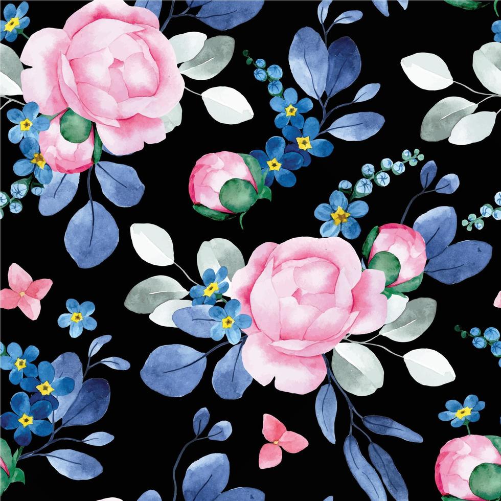 watercolor seamless pattern with vintage peony flowers and eucalyptus leaves vector