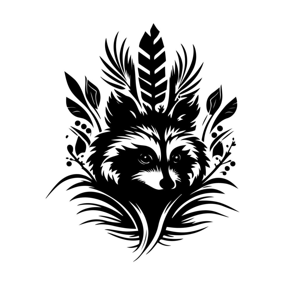 juguetón mapache echar un vistazo fuera de follaje. monocromo boho estilo vector ilustración Perfecto para naturaleza, fauna silvestre, y al aire libre diseños