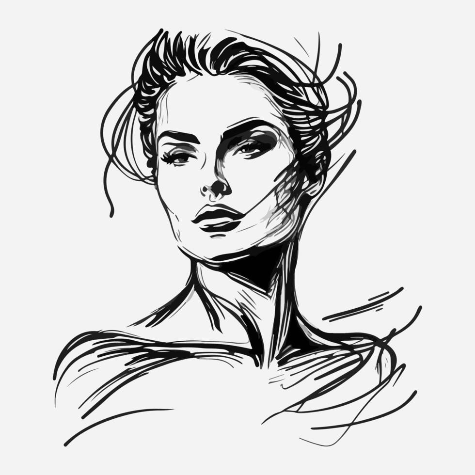 Elegant hand-drawn portrait of a woman's face in black and white. Vector illustration ideal for beauty, fashion, cosmetics, and related designs.