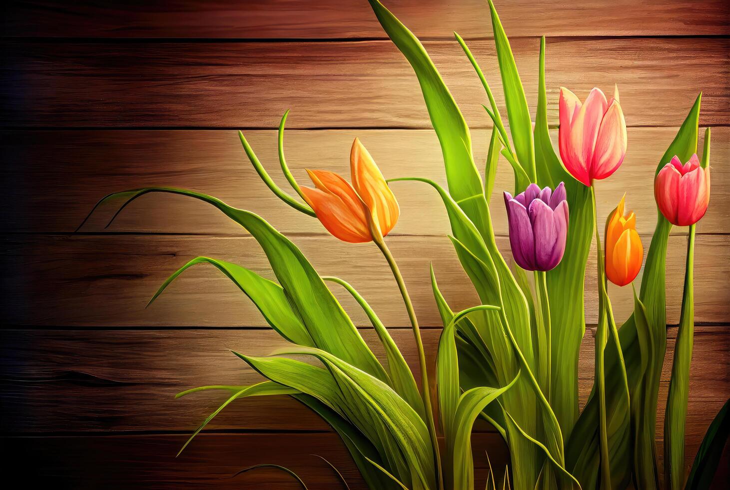 Spring tulips and leaves drawn in watercolor style. photo