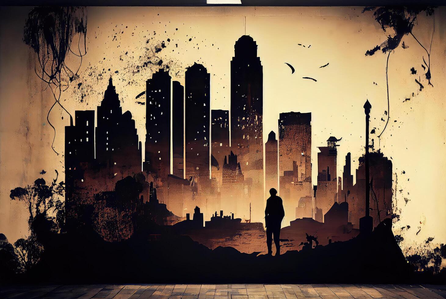 Mural with lonely figure and grunge city, graffiti style. photo