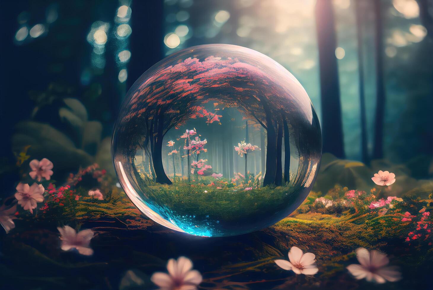 Magical forest landscape with glass sphere. photo