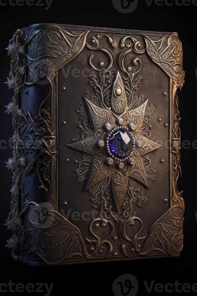 A leather magical book with elaborate metal clasp photo