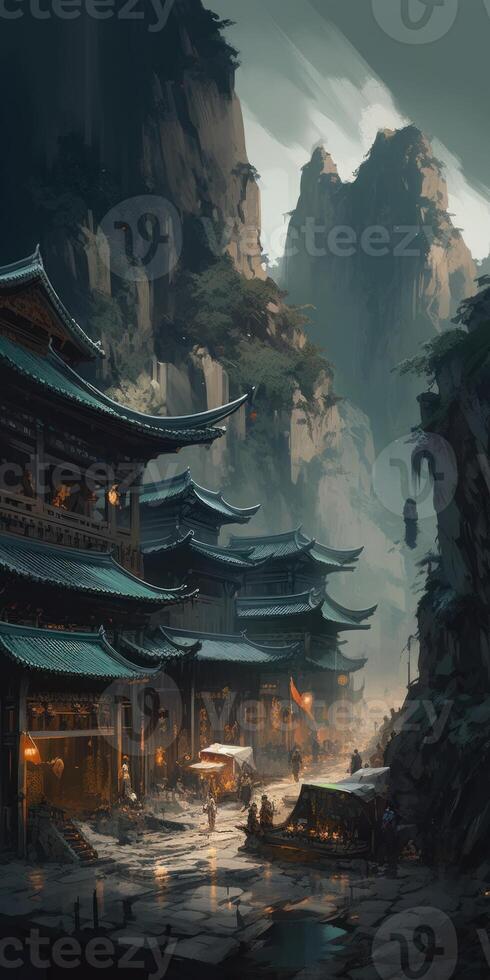 painting of a city with mountains with mountains hills photo