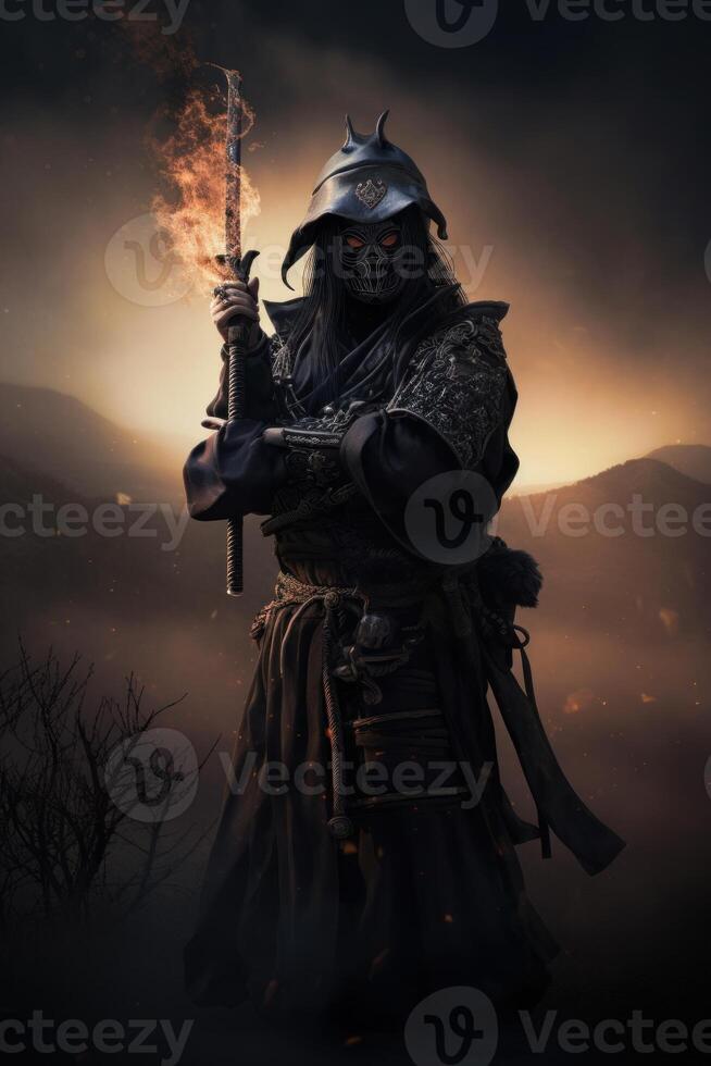 un oscuro samurai participación fuego palo generativo ai foto