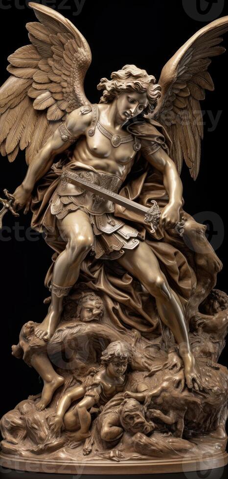 Archangel Michael fighting with devil beautiful statue photo