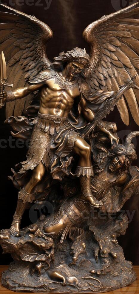 Archangel Michael fighting with devil statue photo