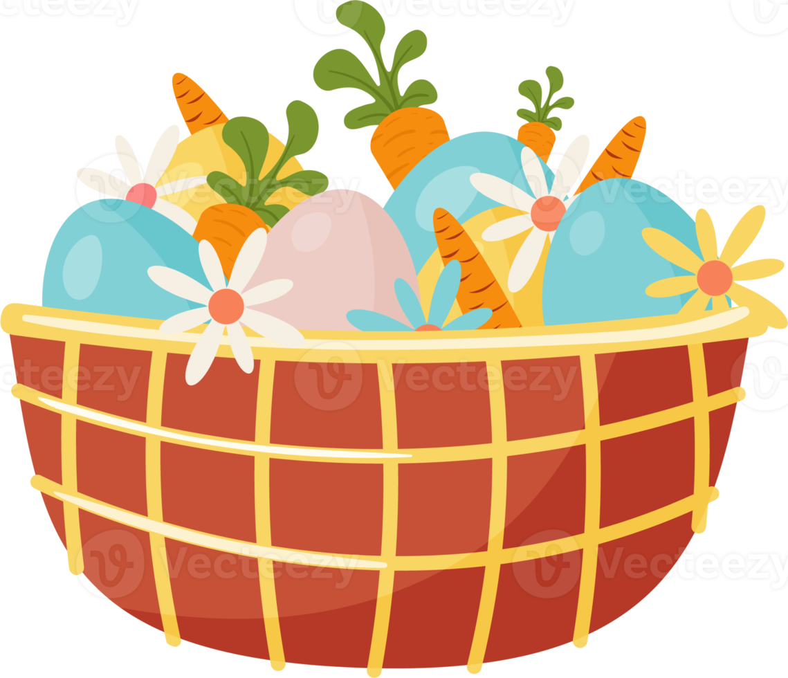 Basket with Eggs, Carrots and Flowers. PNG