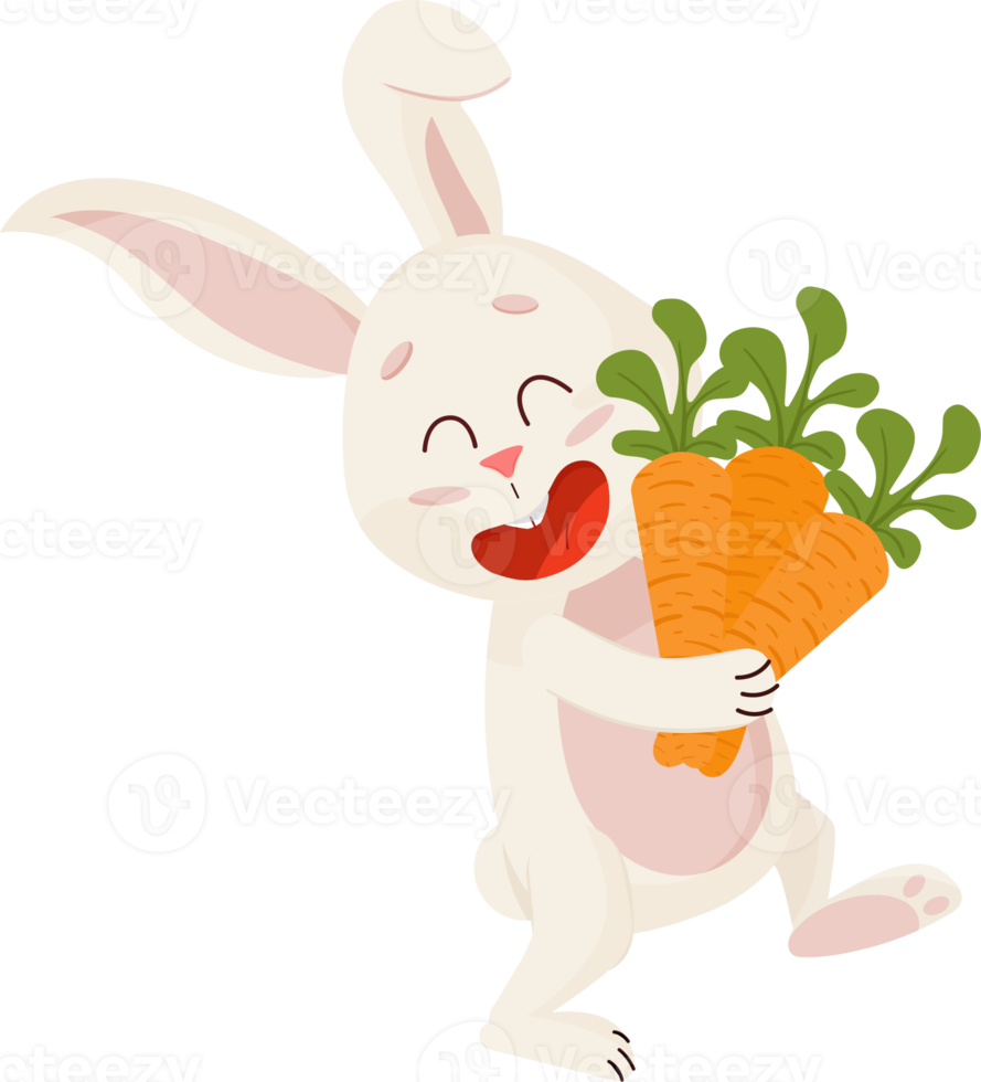 conejito personaje. riendo divertido, contento Pascua de Resurrección dibujos animados Conejo con zanahorias. png