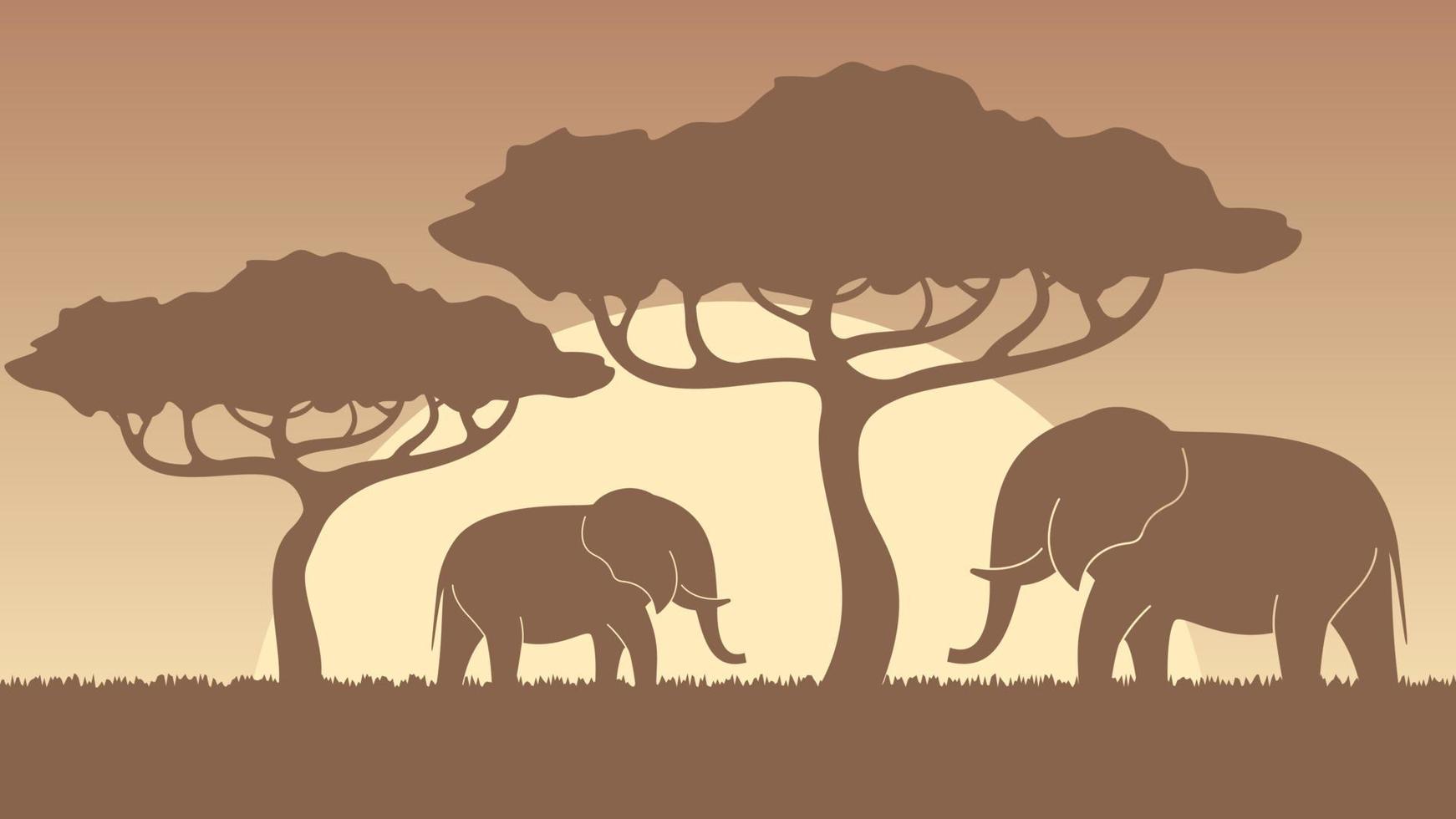 elefante siluetas en puesta de sol vector