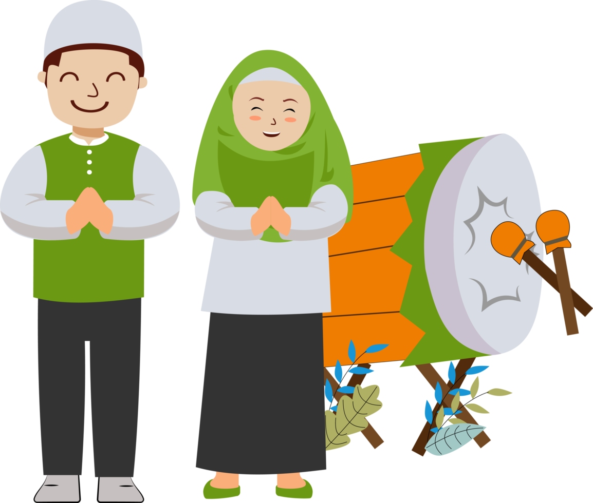 mignonne garçon et fille musulman célébrer eid mubarak avec percussion dessin animé illustration png