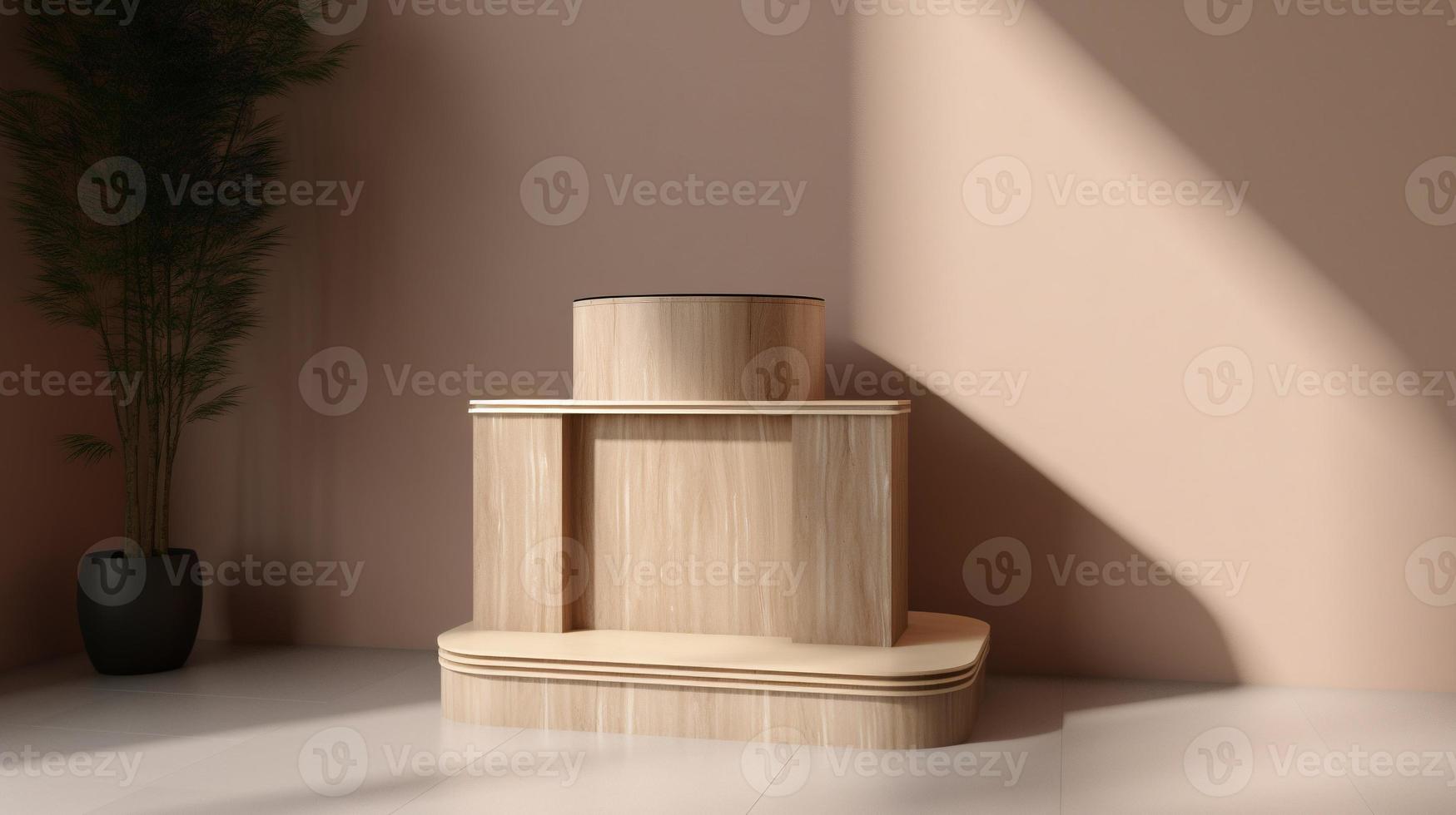 Wooden podium for product presentation in modern interior. 3D rendering photo