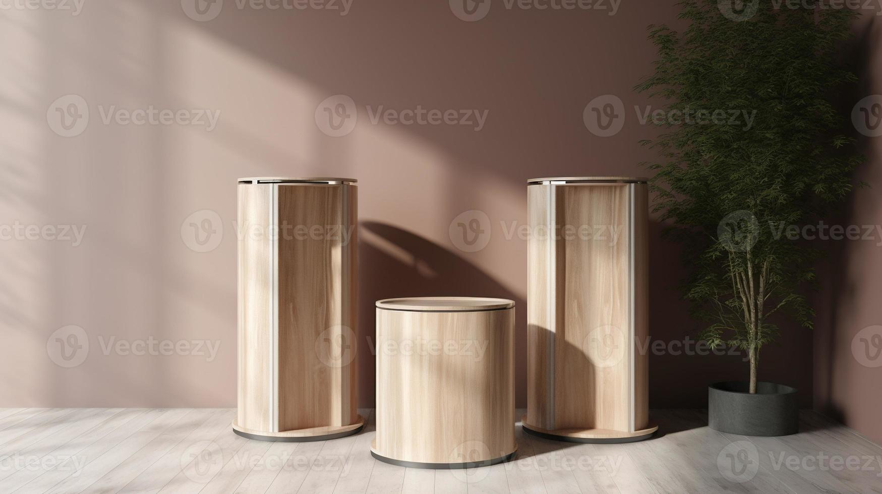 Wooden podium for product presentation in modern interior. 3D rendering photo