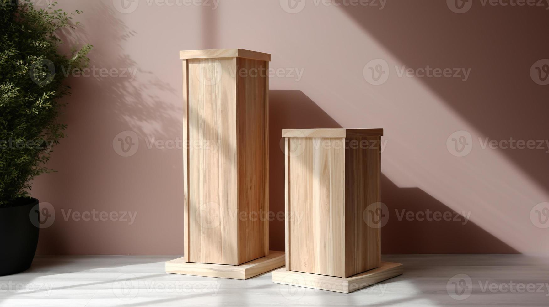 Wooden podium for product presentation in modern interior. 3D rendering photo