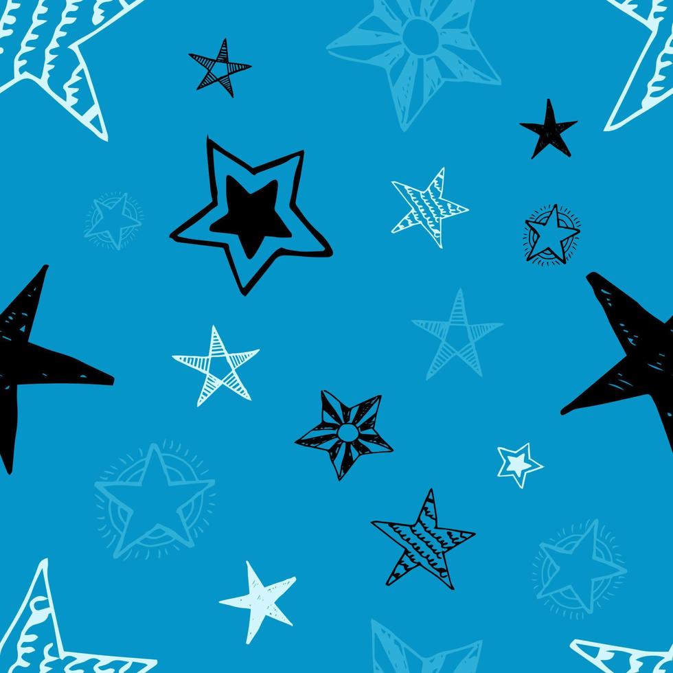 Seamless background of doodle stars. Black, white and blue hand drawn stars on blue background. Vector illustration