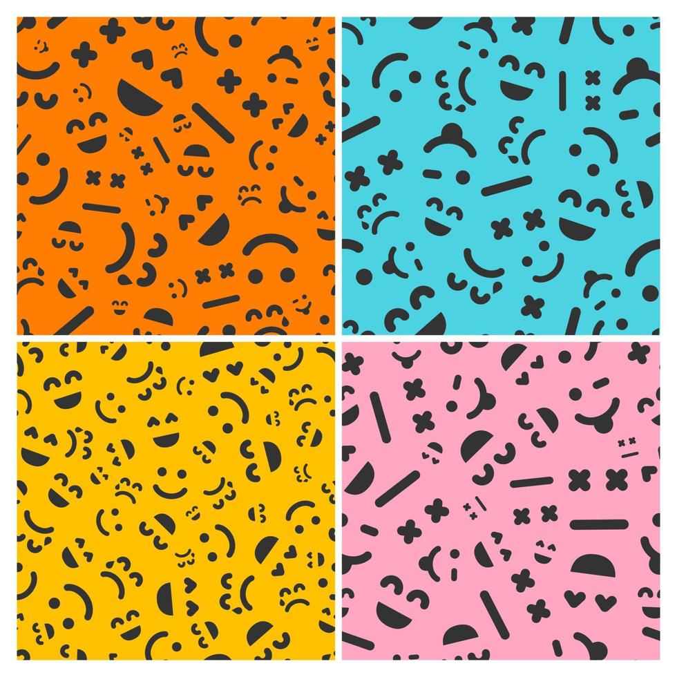 Cartoon faces with emotions. Set of four seamless patterns with different emoticons. Vector illustration