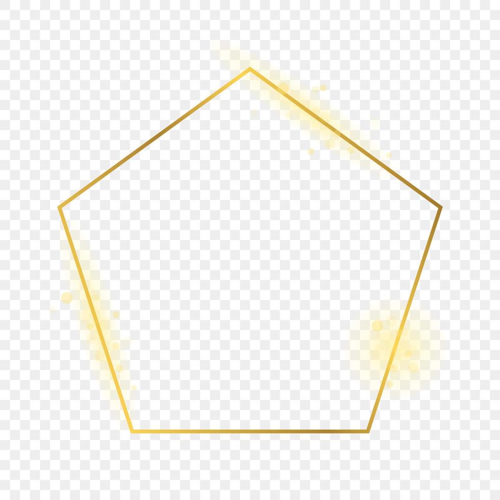Gold glowing pentagon shape frame isolated on background. Shiny frame with glowing effects. Vector illustration.