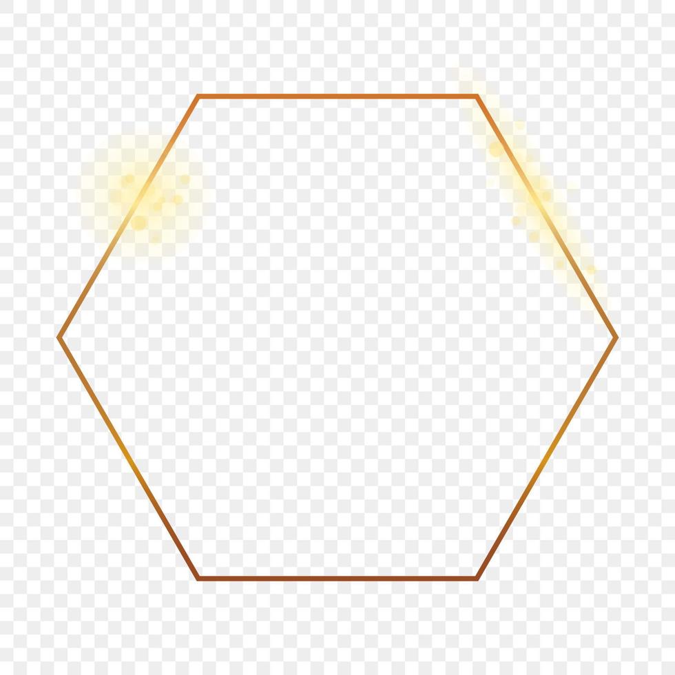 Gold glowing hexagon frame isolated on background. Shiny frame with glowing effects. Vector illustration.