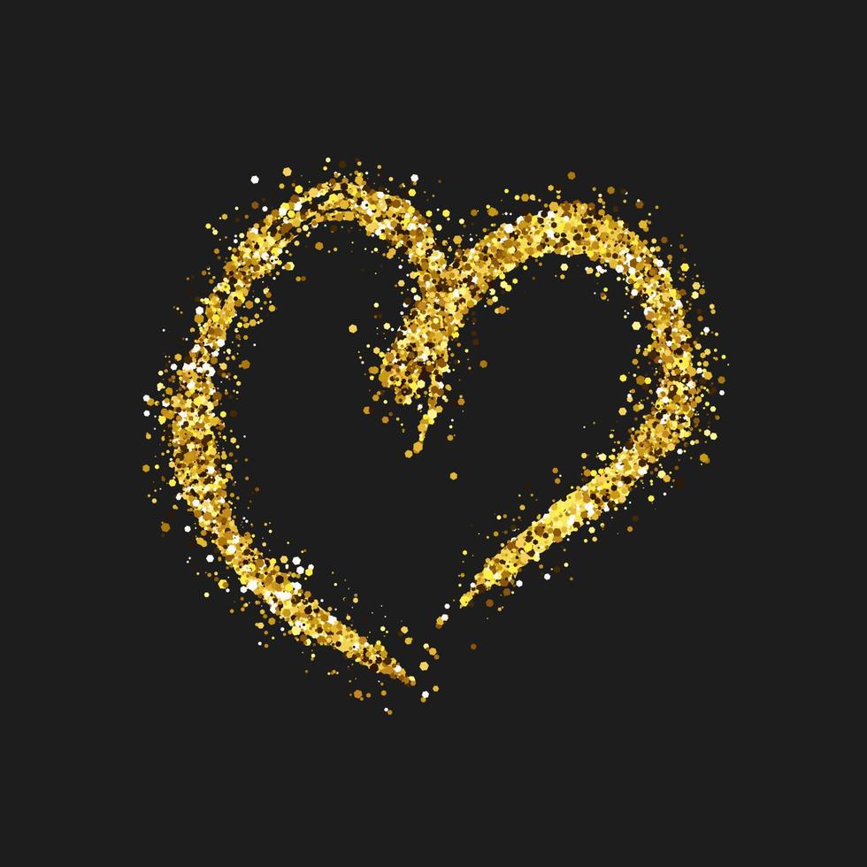 Gold glitter doodle heart on dark background. Gold grunge hand drawn heart. Romantic love symbol. Vector illustration.