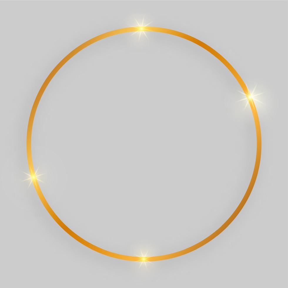 Shiny frame with glowing effects. Gold round frame with shadow on grey background. Vector illustration