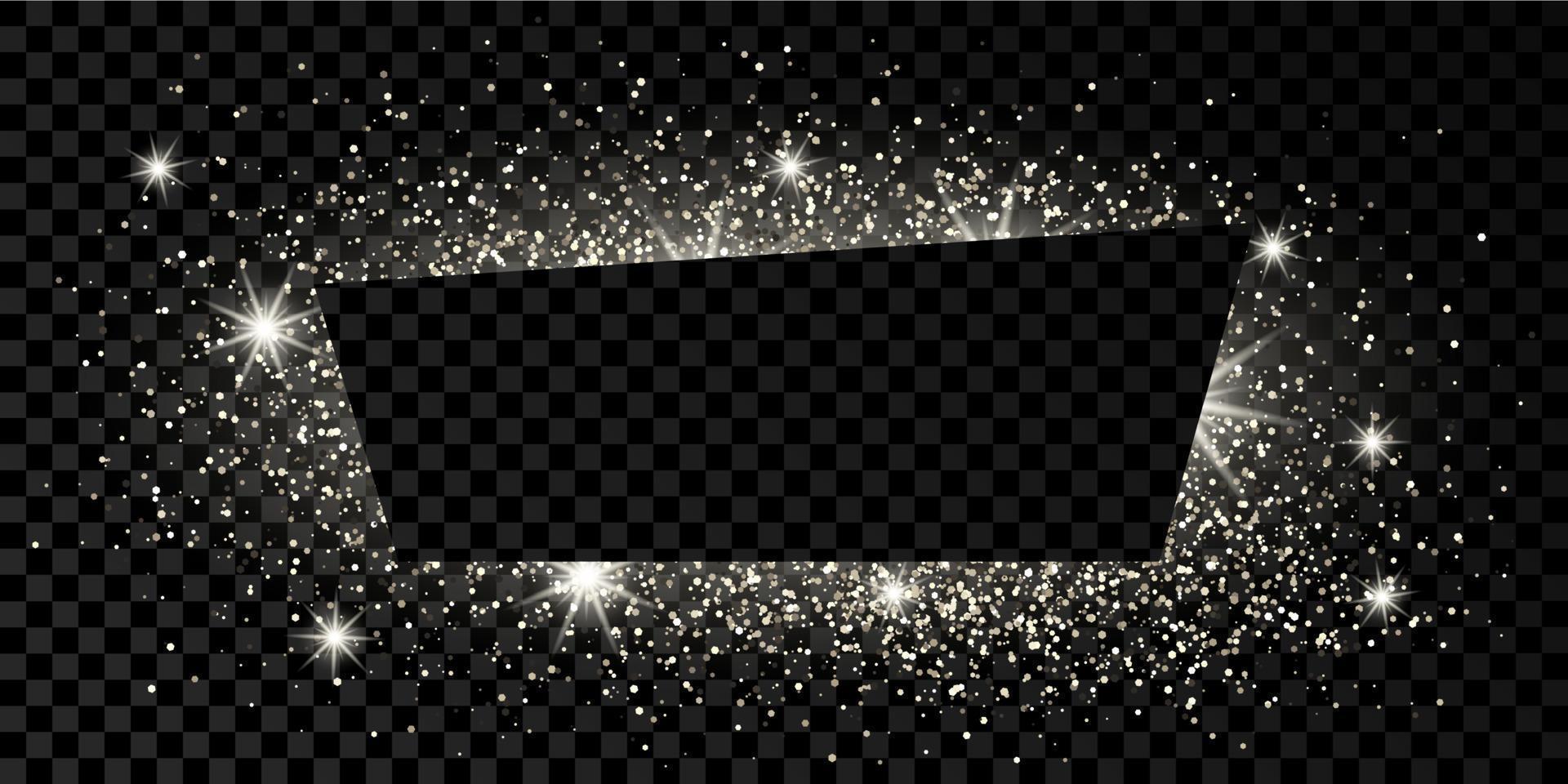 Silver trapezium frame with glitter, sparkles and flares on dark background. Empty luxury backdrop. Vector illustration.