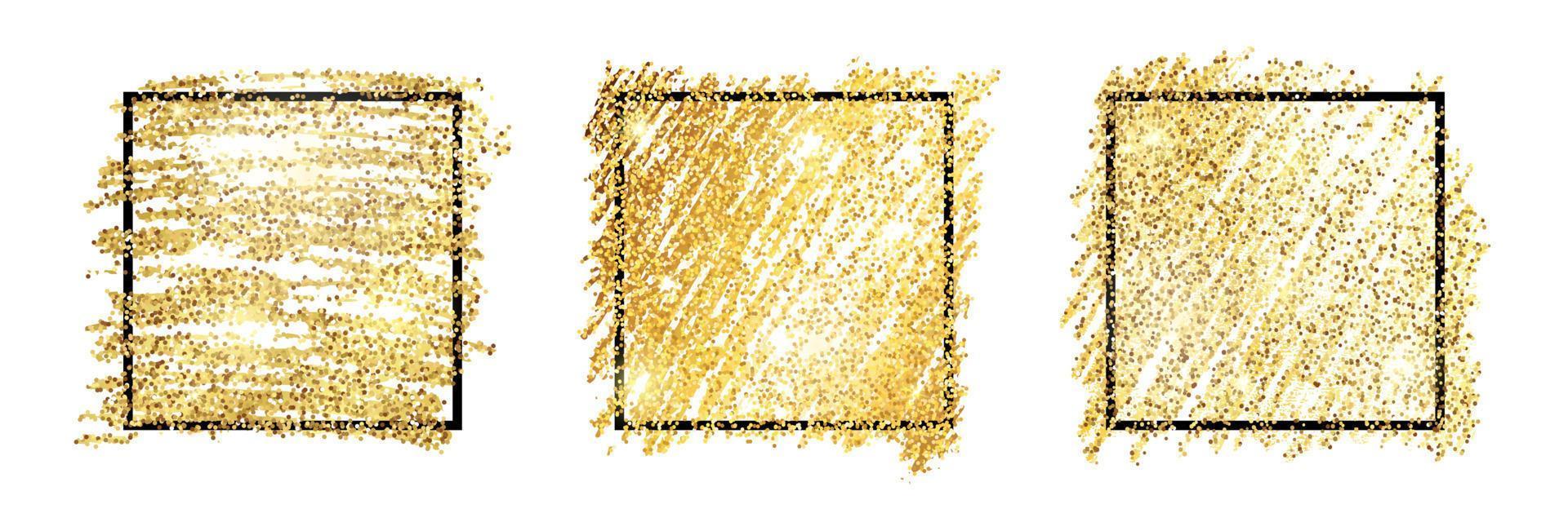 Set of three golden paint glittering backdrops with black square frames on a white background. Background with gold sparkles and glitter effect. Empty space for your text. Vector illustration