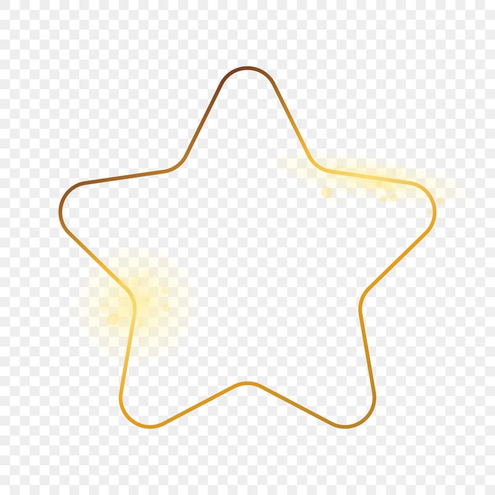 Gold glowing rounded star shape frame isolated on background. Shiny frame with glowing effects. Vector illustration.