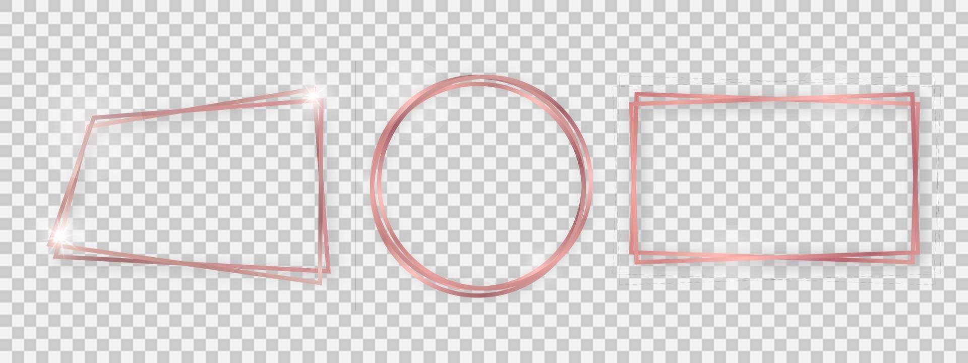 Double shiny frames with glowing effects. Set of three rose gold double frames with shadows on background. Vector illustration