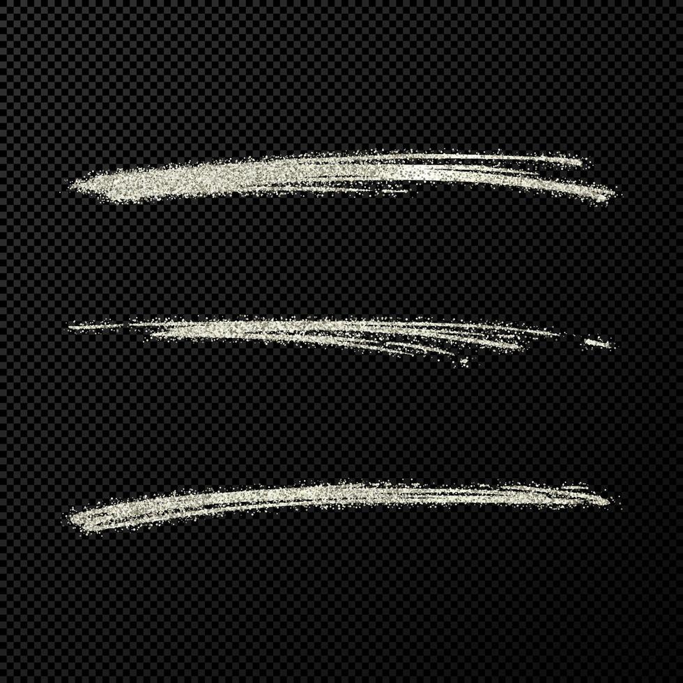 Abstract shiny confetti glittering waves. Set of three hand drawn brush silver strokes on black vector