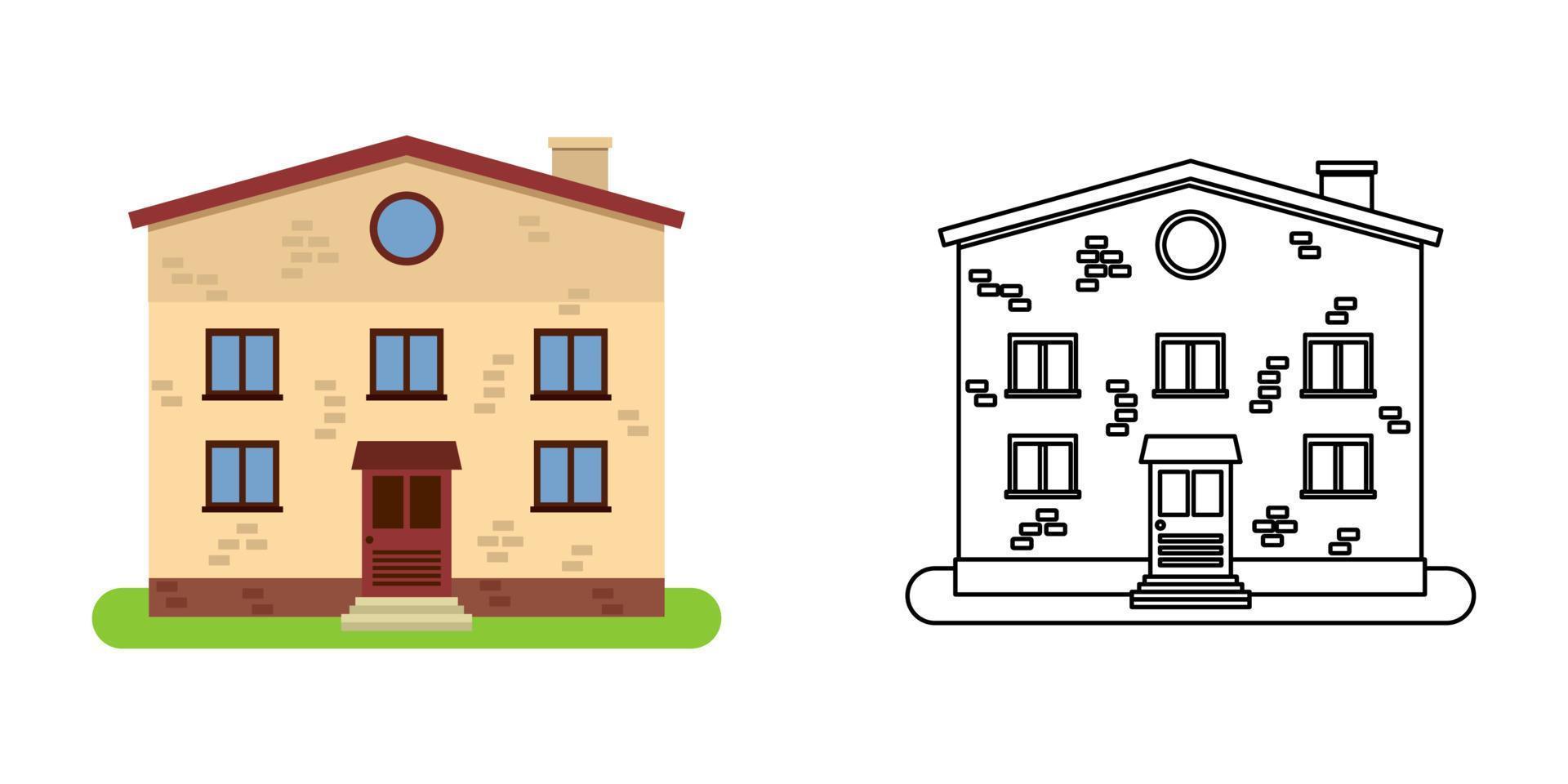 casa frente ver en plano y línea estilo en blanco antecedentes. aislado cabaña y real inmuebles edificio fachada. vector ilustración