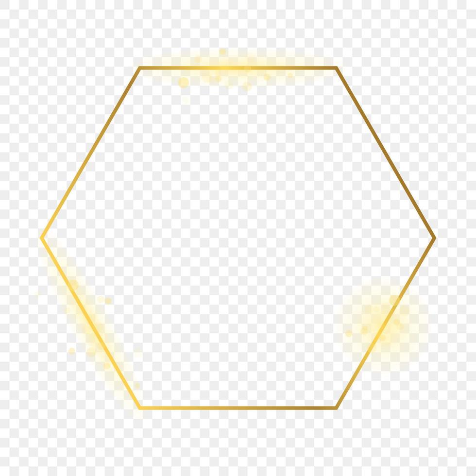 Gold glowing hexagon frame isolated on background. Shiny frame with glowing effects. Vector illustration.