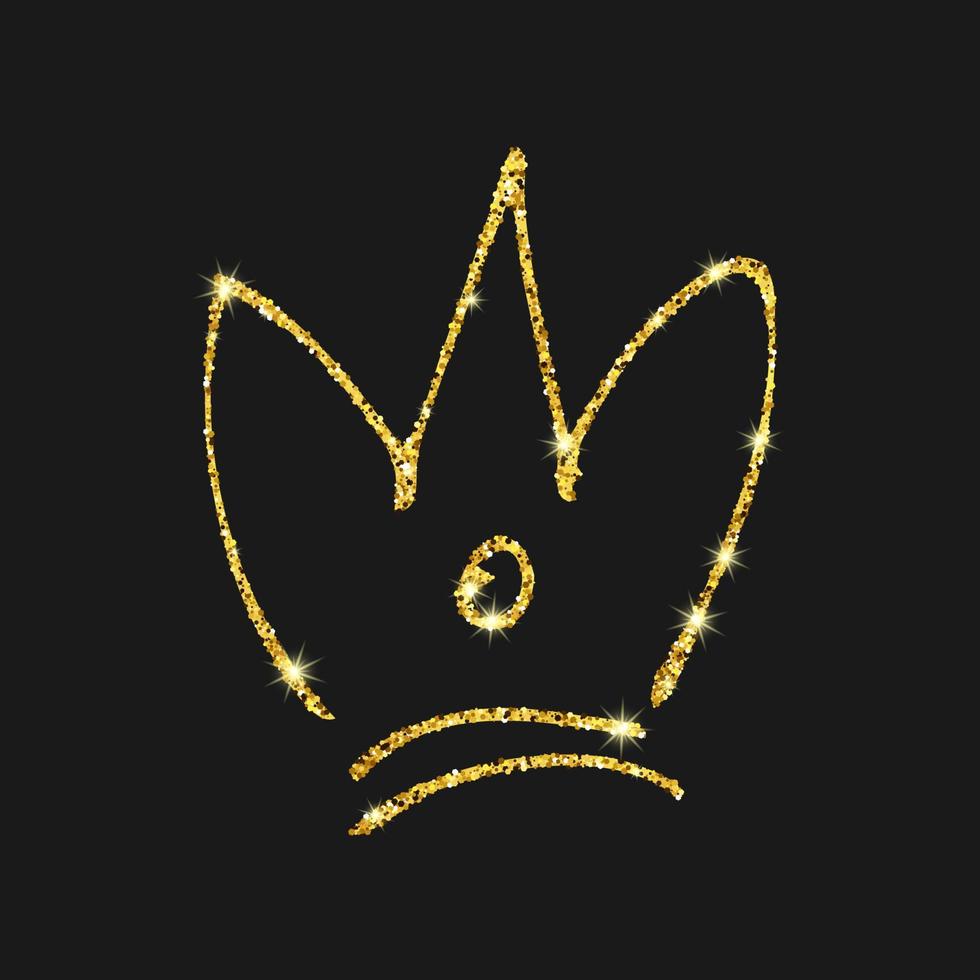 Gold glitter hand drawn crown. Simple graffiti sketch queen or king crown. Royal imperial coronation and monarch symbol isolated on dark background. Vector illustration.