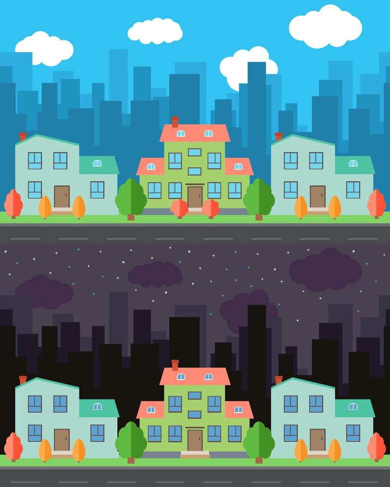 Vector city with cartoon houses and buildings in the day and night.Summer urban landscape. Street view with cityscape on a background