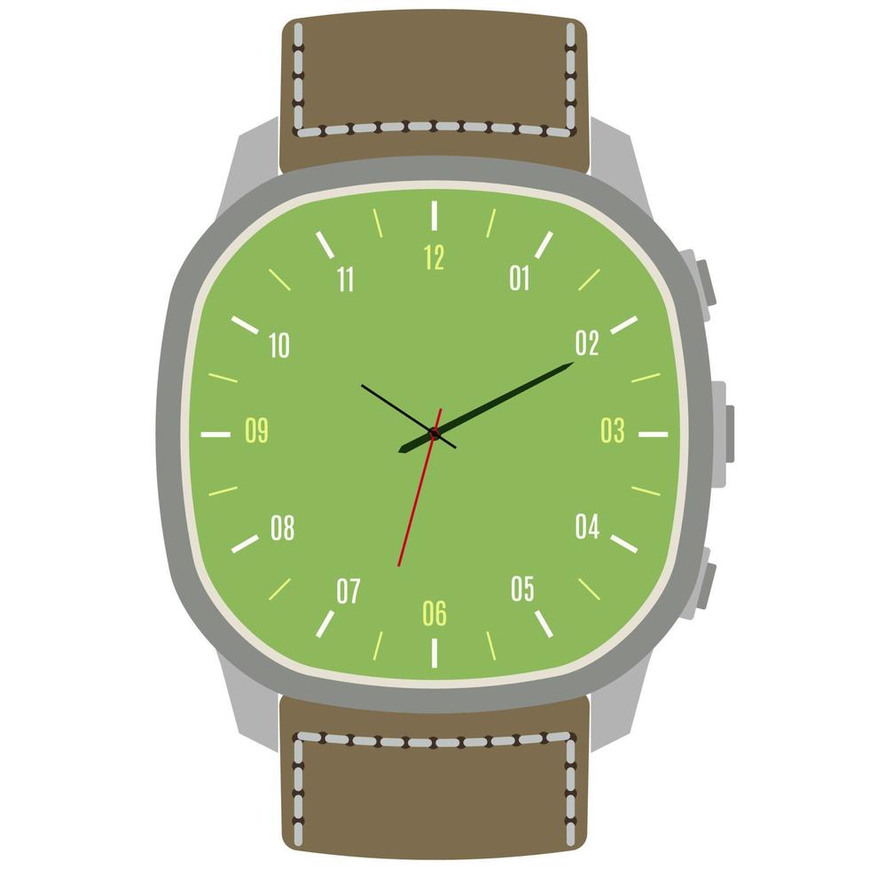 Classic design mechanical wristwatch isolated on white background. Clock face with hour, minute and second hands. Vector illustration.
