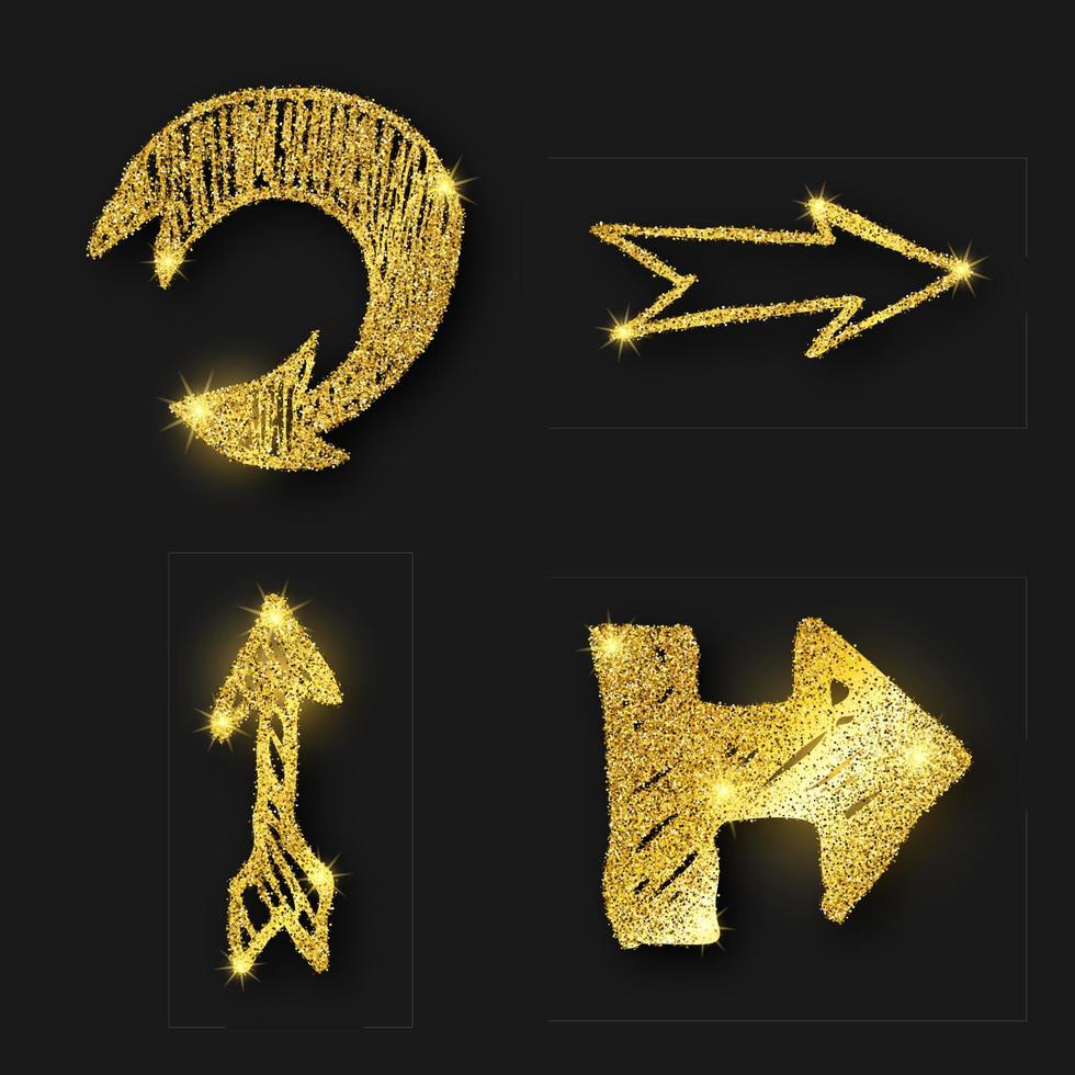 oro Brillantina mano dibujado flecha. conjunto de cuatro garabatear flechas con oro Brillantina efecto en oscuro antecedentes. vector ilustración