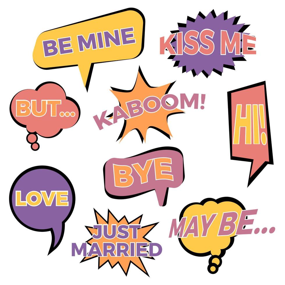 Set of nine cartoon comic balloon speech bubbles in flat style. Elements of design comic books with different phrases. Vector illustration