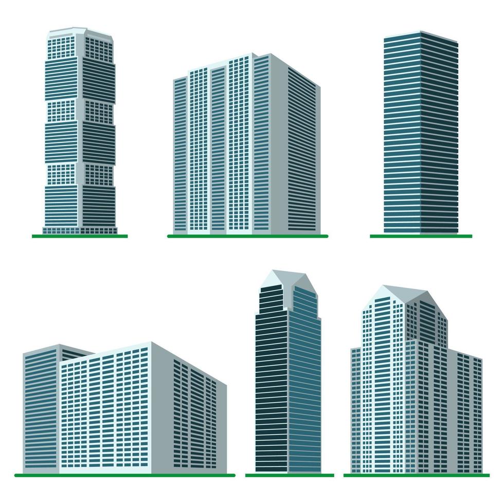 Set of six modern high-rise building on a white background. View of the building from the bottom. Isometric vector illustration.